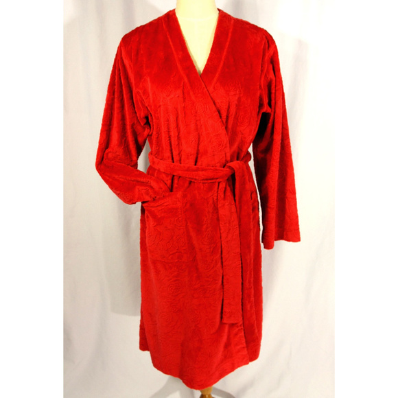 Donna Nadeau Super Soft Velour Calf Length Red Rose Pattern Bath Robe - Sm Med - Picture 1 of 5